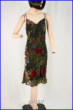 Vintage Y2K Betsey Johnson Slip Dress Slinky Black with Burnout Velvet Floral L