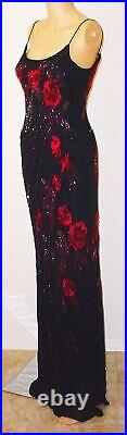 Vintage Y2K Cache Black Silk Gown Dress Size 6 Wine Red Embroidery Beaded Straps
