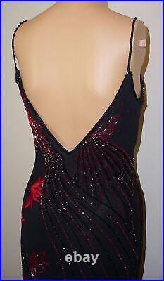 Vintage Y2K Cache Black Silk Gown Dress Size 6 Wine Red Embroidery Beaded Straps