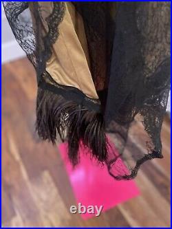 Vintage betsey johnson dress gown brown and black lace womens sz 6 tulle feather