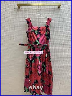 Vintage flower print slip dress belt waist a-line fashion women 2023 SML NEW