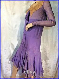 Vintage formal Dress 30s handkerchief Silk chiffon Bridal wedding LS purple Slip