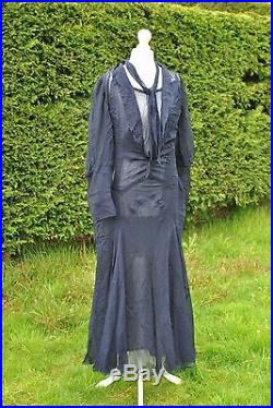 Vintage original 1920s 1930s navy sheer silk chiffon dress + slip
