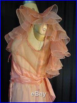 Vintage pink 100% Silk organdy Ruffled 30's Dress party Sheer S M bias Slip deco