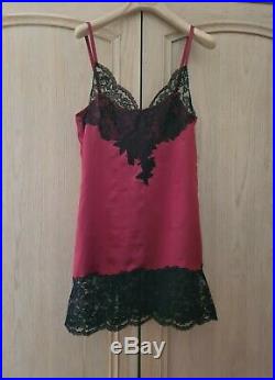 Vintage red Silk & Black Lace Camisole Slip Night Dress S Gilson style nightgown
