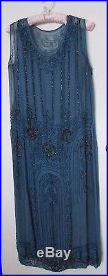 Vtg 1920's 30's FLAPPER DRESS & SLIP Sapphire Blue Silk Chiffon BEADED Women S