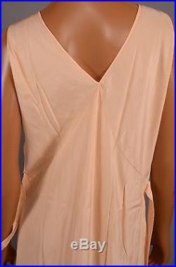 Vtg 1930s 40s Pure Silk Bias Cut Floor Length Slip Dress Peach Embroidered A++