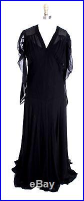 Vtg 1930s Dress Gown Bias Cut Black Rayon Chiffon Fab Style M +slip Great Sleeve