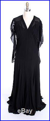 Vtg 1930s Dress Gown Bias Cut Black Rayon Chiffon Fab Style M +slip Great Sleeve