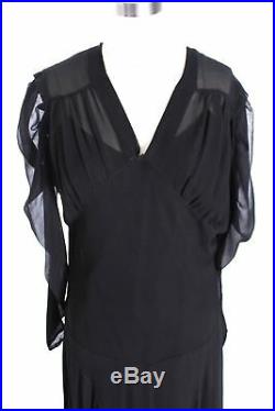 Vtg 1930s Dress Gown Bias Cut Black Rayon Chiffon Sz 12/14 M/L+slip Great Sleeve