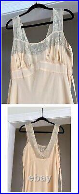 Vtg 1940s Peach Rayon Full Length Nightgown Slip Dress Bias Cut W Lacework