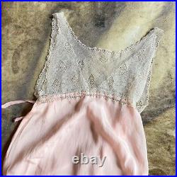 Vtg 20s blush pink silk slip dress with crochet knit