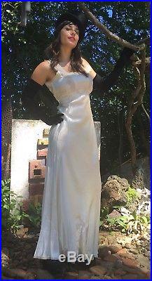 Vtg 30s Art Deco Ivory White Silk LACE Maxi Slip Dress Bias Cut Night Gown Boho