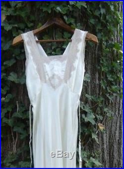 Vtg 30s Art Deco Ivory White Silk LACE Maxi Slip Dress Bias Cut Night Gown Boho