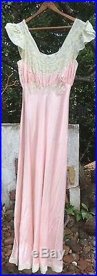 Vtg 30s Art Deco Pink Satin LACE Maxi Dress Night Gown Bias Cut Slip Dress Chic