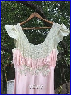 Vtg 30s Art Deco Pink Satin LACE Maxi Dress Night Gown Bias Cut Slip Dress Chic