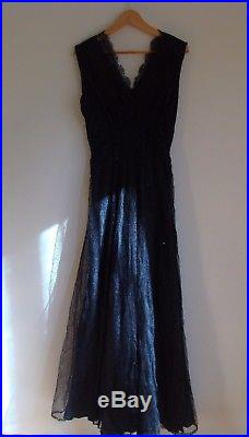 Vtg 30s SILK satin lace empire long dress gown slip BLACK cocktail party xs/s