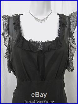 Vtg 30s Sheer Black Organza Bias Cut Evening Dress & Slip M Ruffled Dot Net Tri