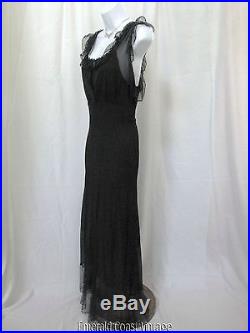 Vtg 30s Sheer Black Organza Bias Cut Ruffled Dot Net Trim Evening Dress & Slip M