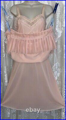 Vtg 34 36 Fancy Peach DB NYLON SHADOW PANEL Dress SLIP Chiffon Lace Hem nightie