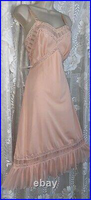 Vtg 34 36 Fancy Peach DB NYLON SHADOW PANEL Dress SLIP Chiffon Lace Hem nightie