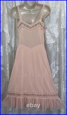 Vtg 34 36 Fancy Peach DB NYLON SHADOW PANEL Dress SLIP Chiffon Lace Hem nightie