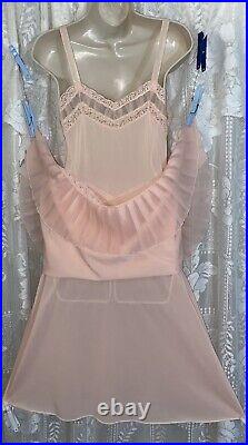 Vtg 34 36 Fancy Peach DB NYLON SHADOW PANEL Dress SLIP Chiffon Lace Hem nightie