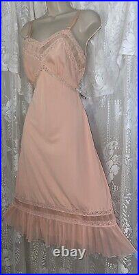 Vtg 34 36 Fancy Peach DB NYLON SHADOW PANEL Dress SLIP Chiffon Lace Hem nightie