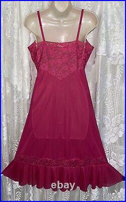 Vtg 36+ FANCY RASPBERRY VANITY FAIR NYLON Dress SLIP Pleated Chiffon Hem nightie