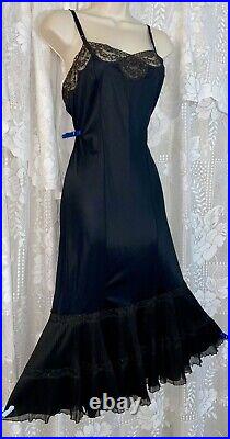 Vtg 36 Tall FANCY GOTH ROGERS BLACK NYLON Dress SLIP Pleated Chiffon Hem nightie