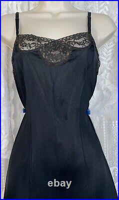 Vtg 36 Tall FANCY GOTH ROGERS BLACK NYLON Dress SLIP Pleated Chiffon Hem nightie