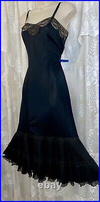 Vtg 36 Tall FANCY GOTH ROGERS BLACK NYLON Dress SLIP Pleated Chiffon Hem nightie