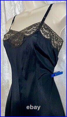 Vtg 36 Tall FANCY GOTH ROGERS BLACK NYLON Dress SLIP Pleated Chiffon Hem nightie