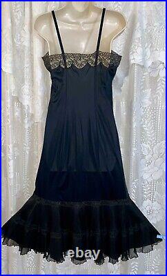 Vtg 36 Tall FANCY GOTH ROGERS BLACK NYLON Dress SLIP Pleated Chiffon Hem nightie