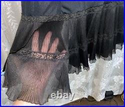 Vtg 36 Tall FANCY GOTH ROGERS BLACK NYLON Dress SLIP Pleated Chiffon Hem nightie