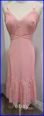 Vtg 50s Pink Nylon Tricot Full Slip Dress Scalloped Layered Lace 36 ML