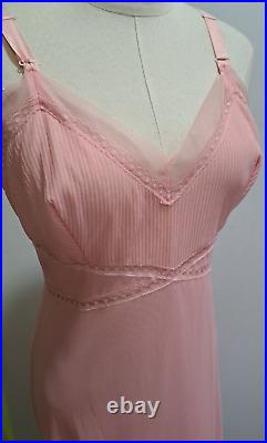 Vtg 50s Pink Nylon Tricot Full Slip Dress Scalloped Layered Lace 36 ML