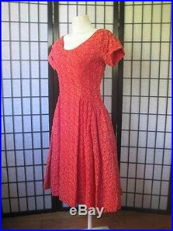 Vtg 50s Red Dress Authentic 34 Floral Embroidered SS Attached Tulle Slip S M