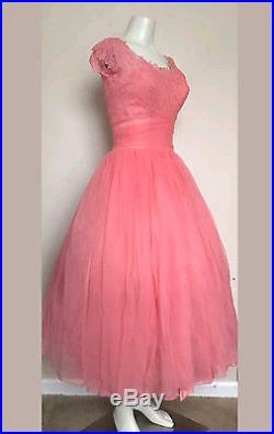 Vtg 50s Salmon Peach Nylon Chiffon Lace Scaloped Fitted Shelf Bust Full Dress