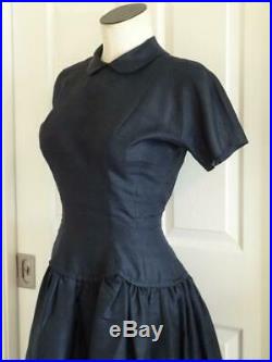 Vtg 50s Suzy Perette Design Navy Silk Fit & Full Cocktail DressTulle SlipXS/S