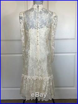 Vtg 60s 70s Boho Wedding Slip Lace Long slv Drop Waist Prairie Mini Dress H1