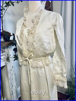 Vtg 70s Lux Satin Cream Slip Maxi w Lace Trim Shrug Boho Hippy Party Dress M/L