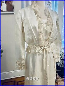 Vtg 70s Lux Satin Cream Slip Maxi w Lace Trim Shrug Boho Hippy Party Dress M/L