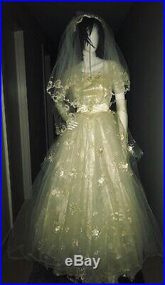 Vtg 70s Satin Regency/Victorian Wedding Gown withPetticoat Slip, Veil, Gauntlets