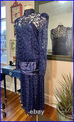 Vtg 80s Prom Beaded Lace Drop Waist Slip Goth Sheer Versatile Party Dress S 34