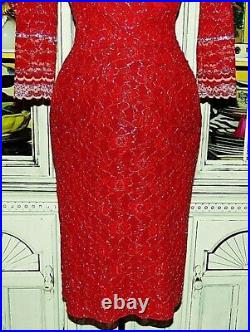 Vtg 90's Betsey Johnson Dress Red STRETCH LACE Cocktail Evening Party S 2 4 6