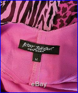 Vtg 90's Betsey Johnson NY Silk Pink Black Zebra Animal Print Grunge Slip Dress