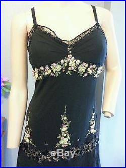 Vtg 90's Does 20's Sue Wong Embroidered Floral Lace Silk Slip Fishtail Dress 6
