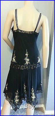 Vtg 90's Does 20's Sue Wong Embroidered Floral Lace Silk Slip Fishtail Dress 6