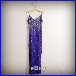 Vtg 90's Lawrence Kazar Cobalt Blue Beaded Sequin Silk SLIP Maxi Dress